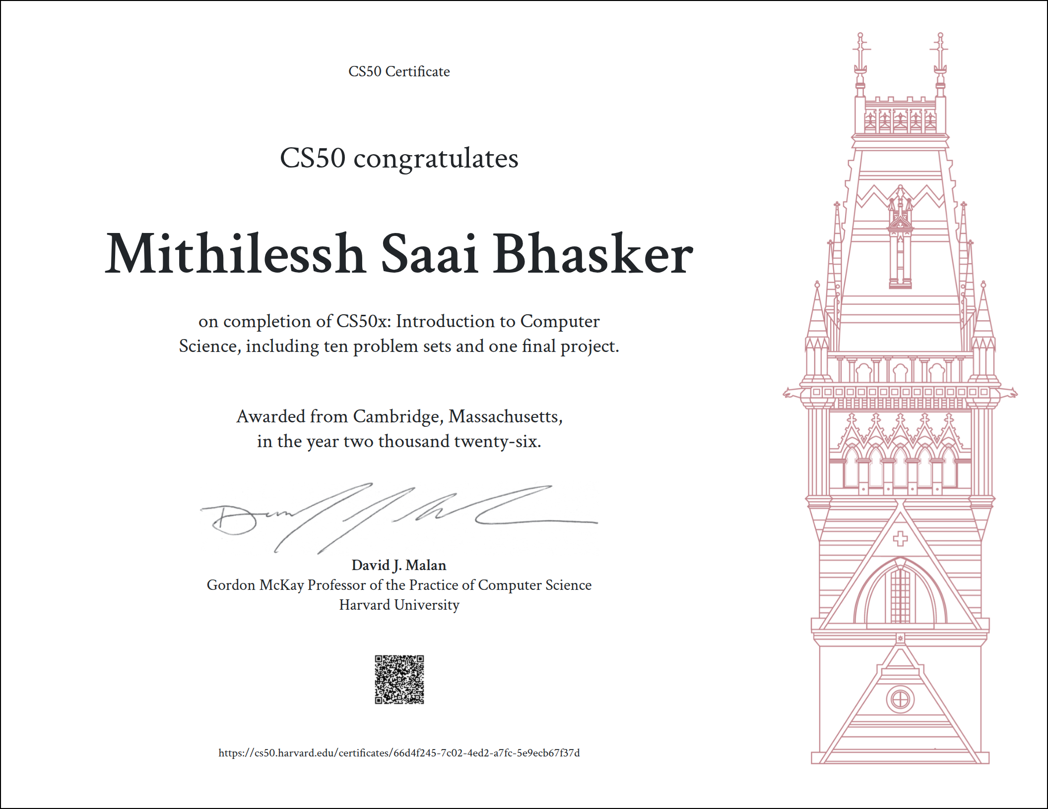 Harvard CS50x certificate awarded to Mithilessh Saai Bhasker