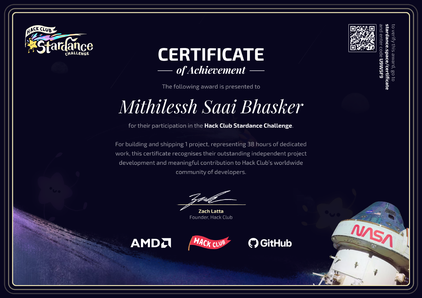 Hack Club Stardance certificate awarded to Mithilessh Saai Bhasker